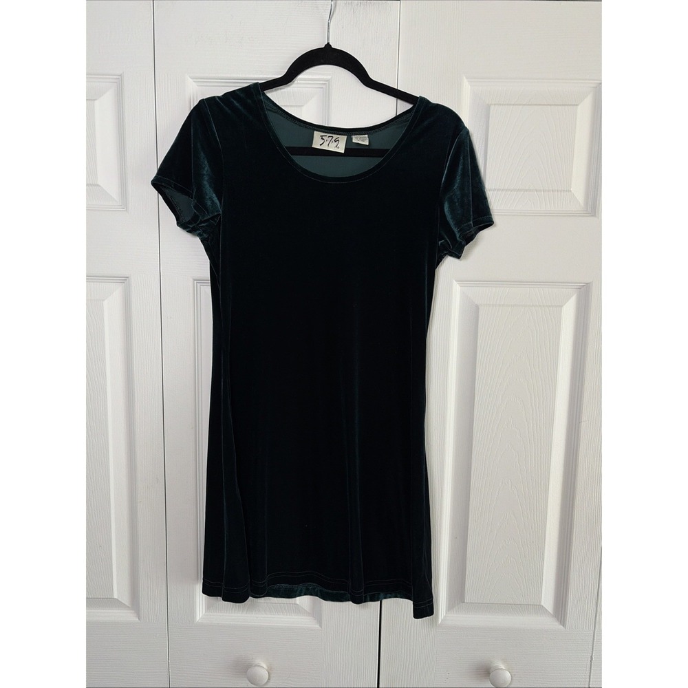 5.7.9 Vintage Velvet Mini Dress Womens Size S Green Y2K Grunge Short Sleeve 90s